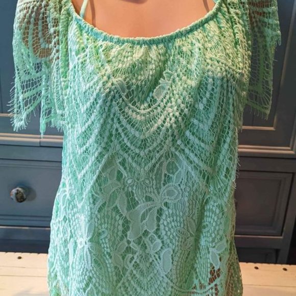 Women's Lime Green Layered Lace Top Large - Picture 2 of 2